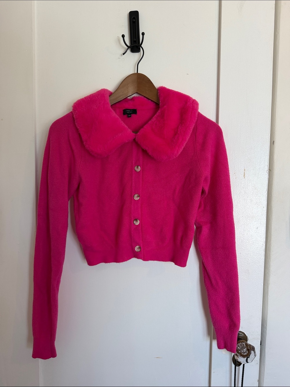 debut Hot Pink Faux Fur Collar Cropped Cardigan